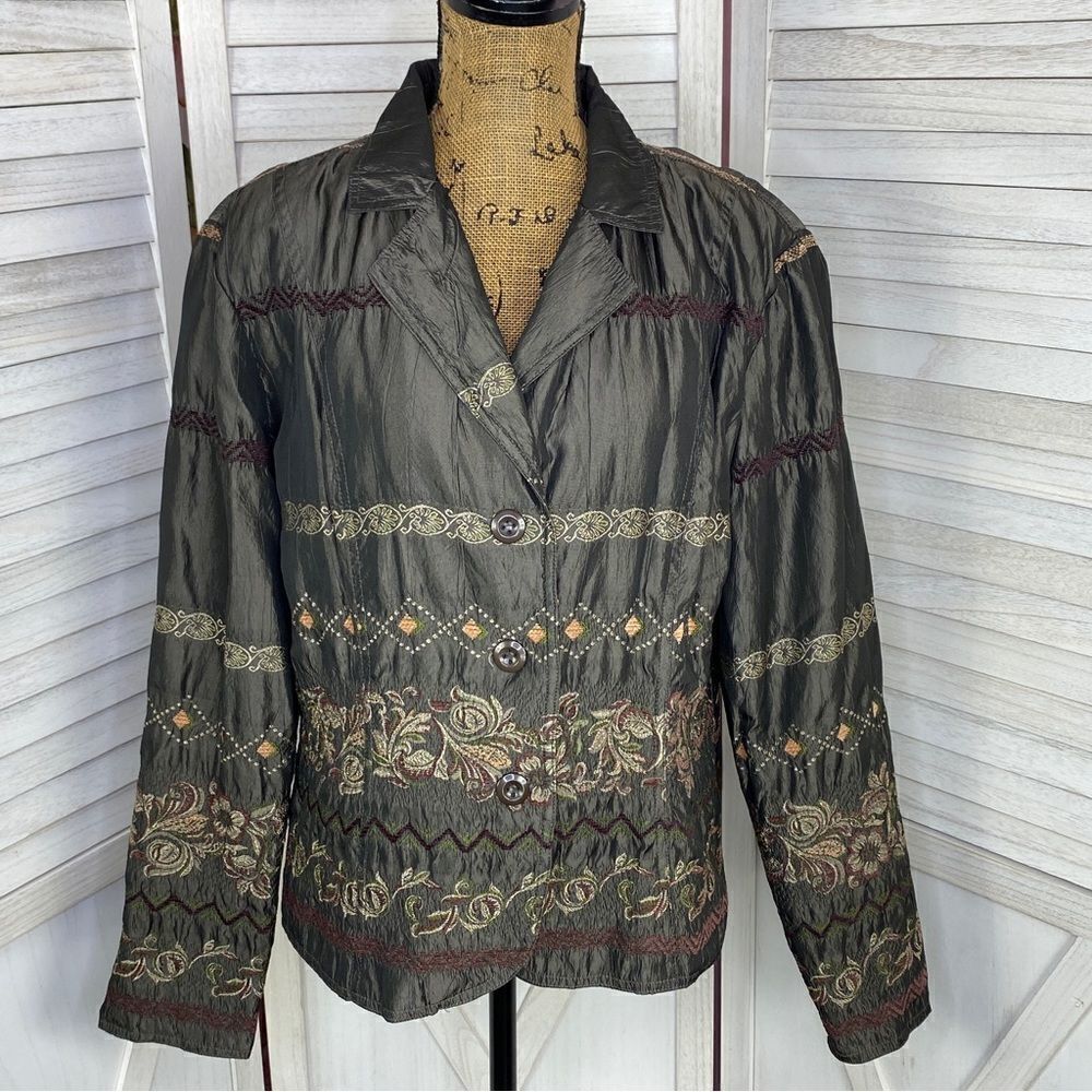 ELCC Vintage Embroidered Taffeta Blazer Jacket Gray Large Button Front